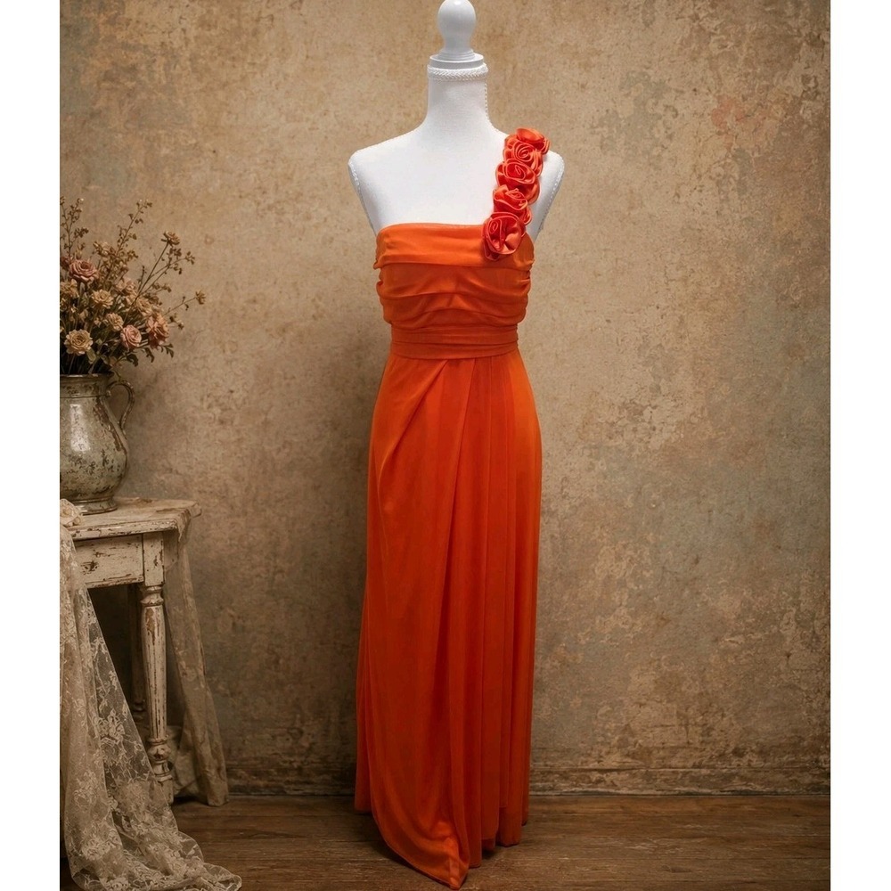Vintage Y2K Eureka USA Orange Floral 3D Maxi Dress Medium Ruched Scarf Formal...